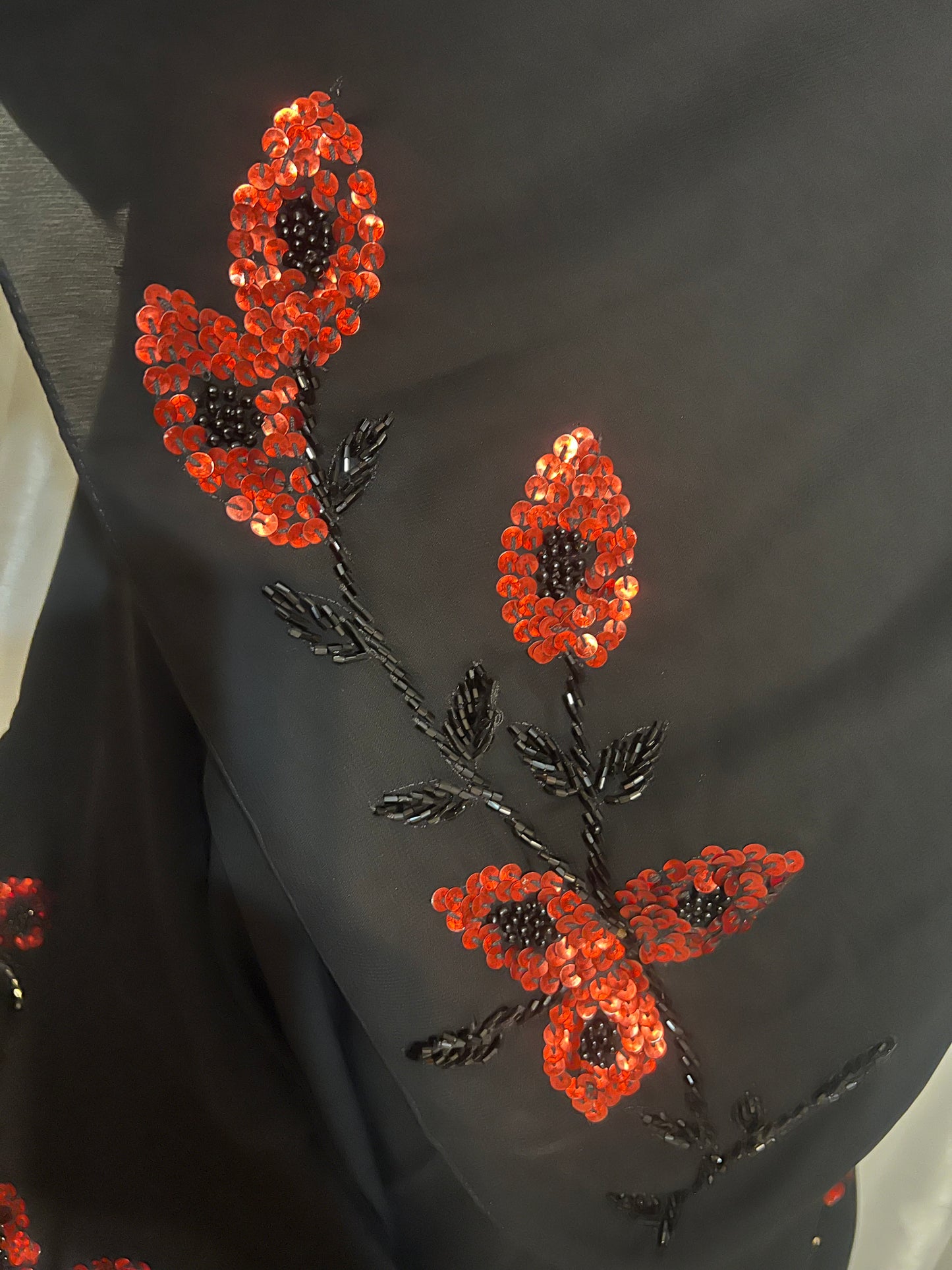 Elegant Black Abaya with Hand-Embroidered Red Floral Sequins the size is 58 inches