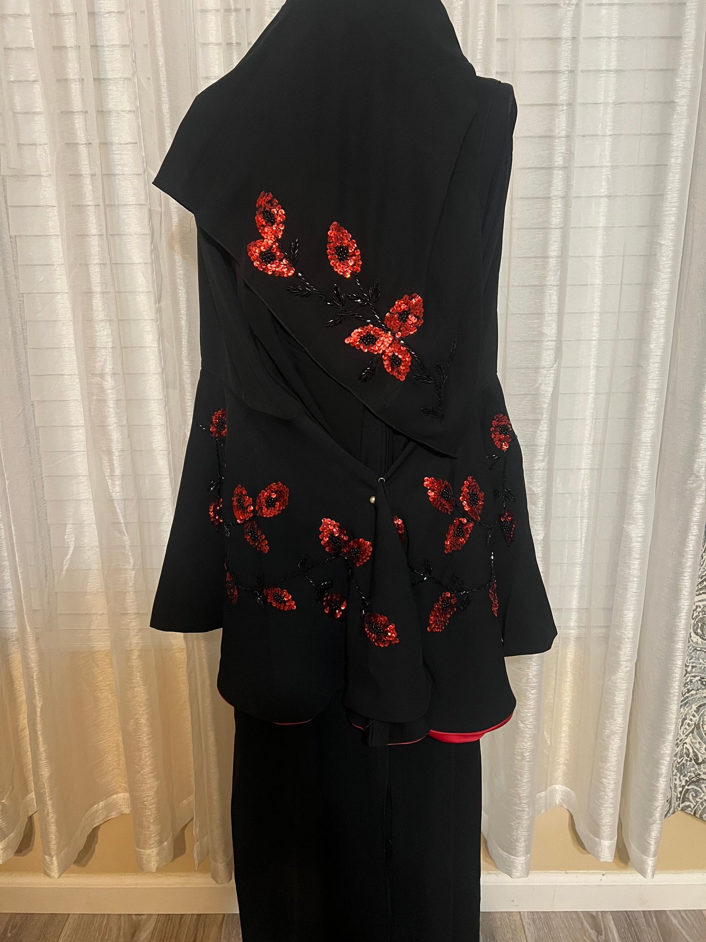 Elegant Black Abaya with Hand-Embroidered Red Floral Sequins the size is 58 inches