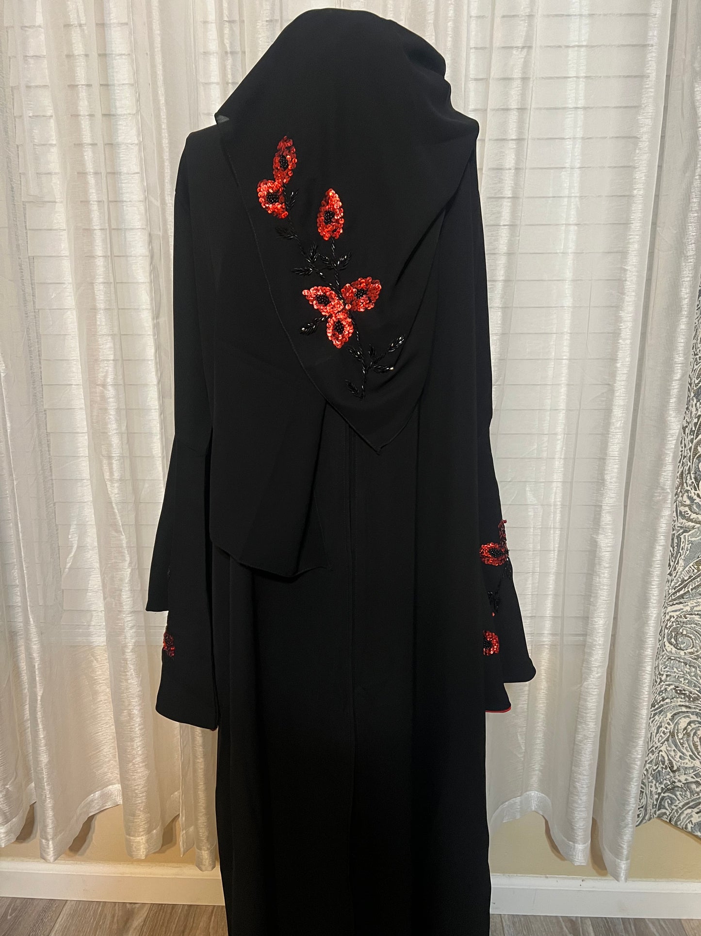 Elegant Black Abaya with Hand-Embroidered Red Floral Sequins the size is 58 inches