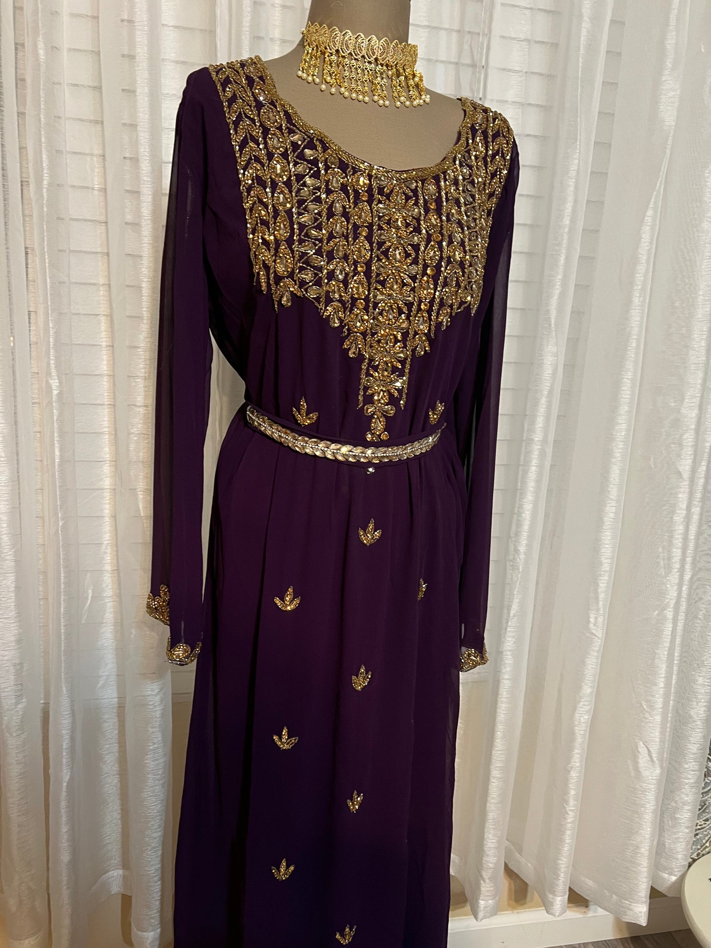Embellished Purple Jalabiya with Genuine Crystal Embroidery and Waist Belt
