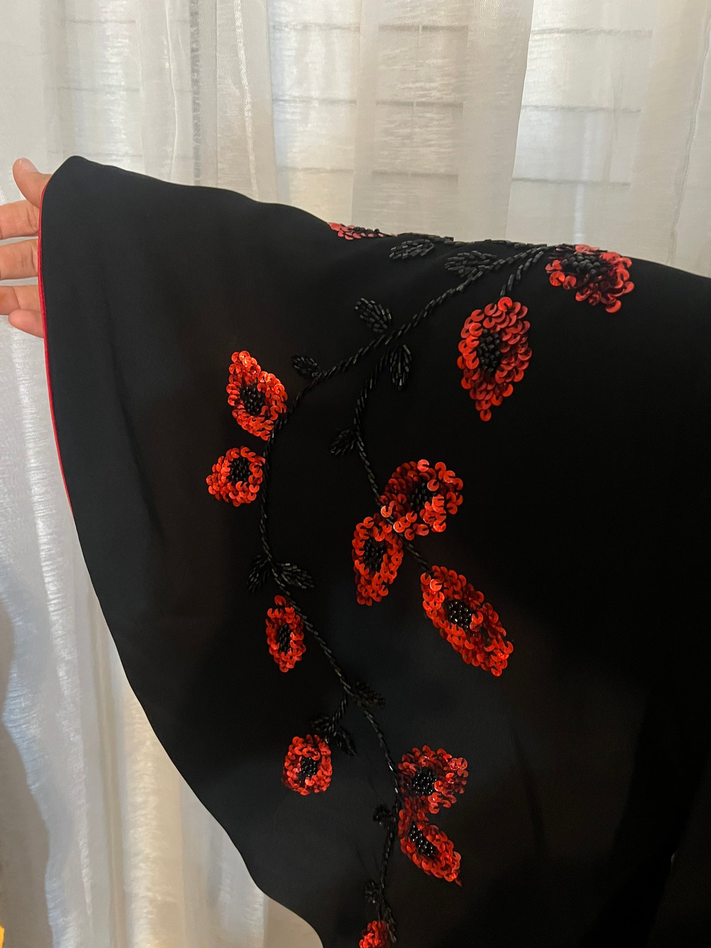 Elegant Black Abaya with Hand-Embroidered Red Floral Sequins the size is 58 inches