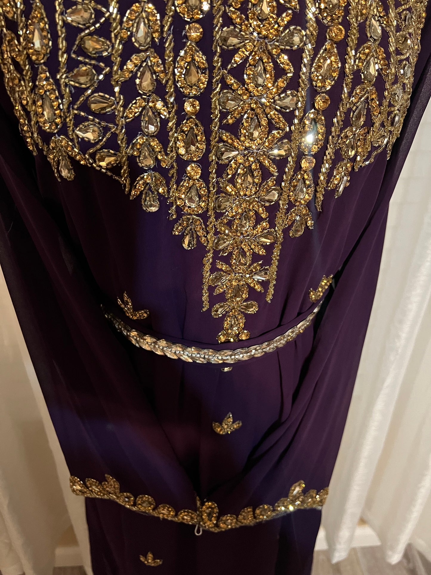 Embellished Purple Jalabiya with Genuine Crystal Embroidery and Waist Belt