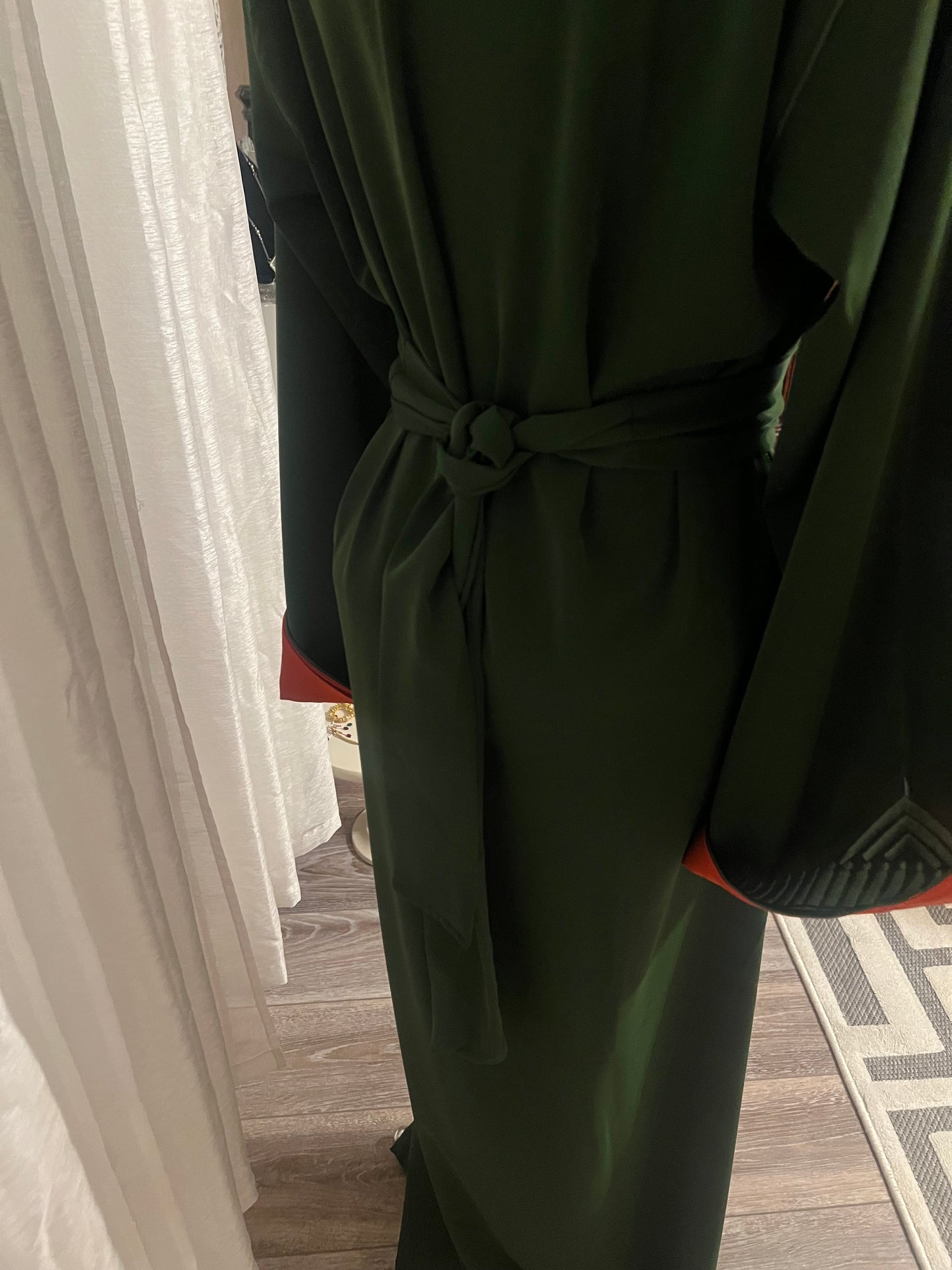 Embroidered Green Moroccan Kaftan with Waist Belt and Lined Sleeves