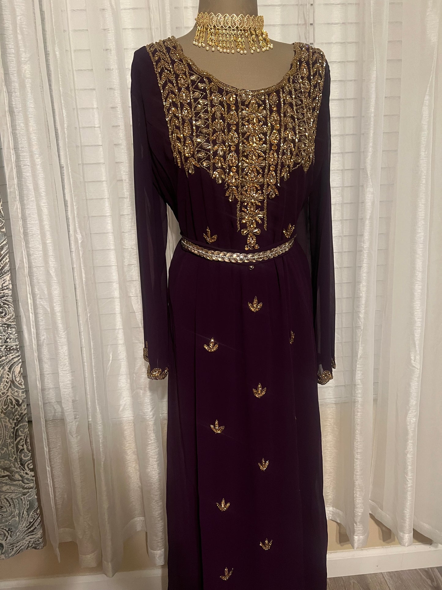 Embellished Purple Jalabiya with Genuine Crystal Embroidery and Waist Belt