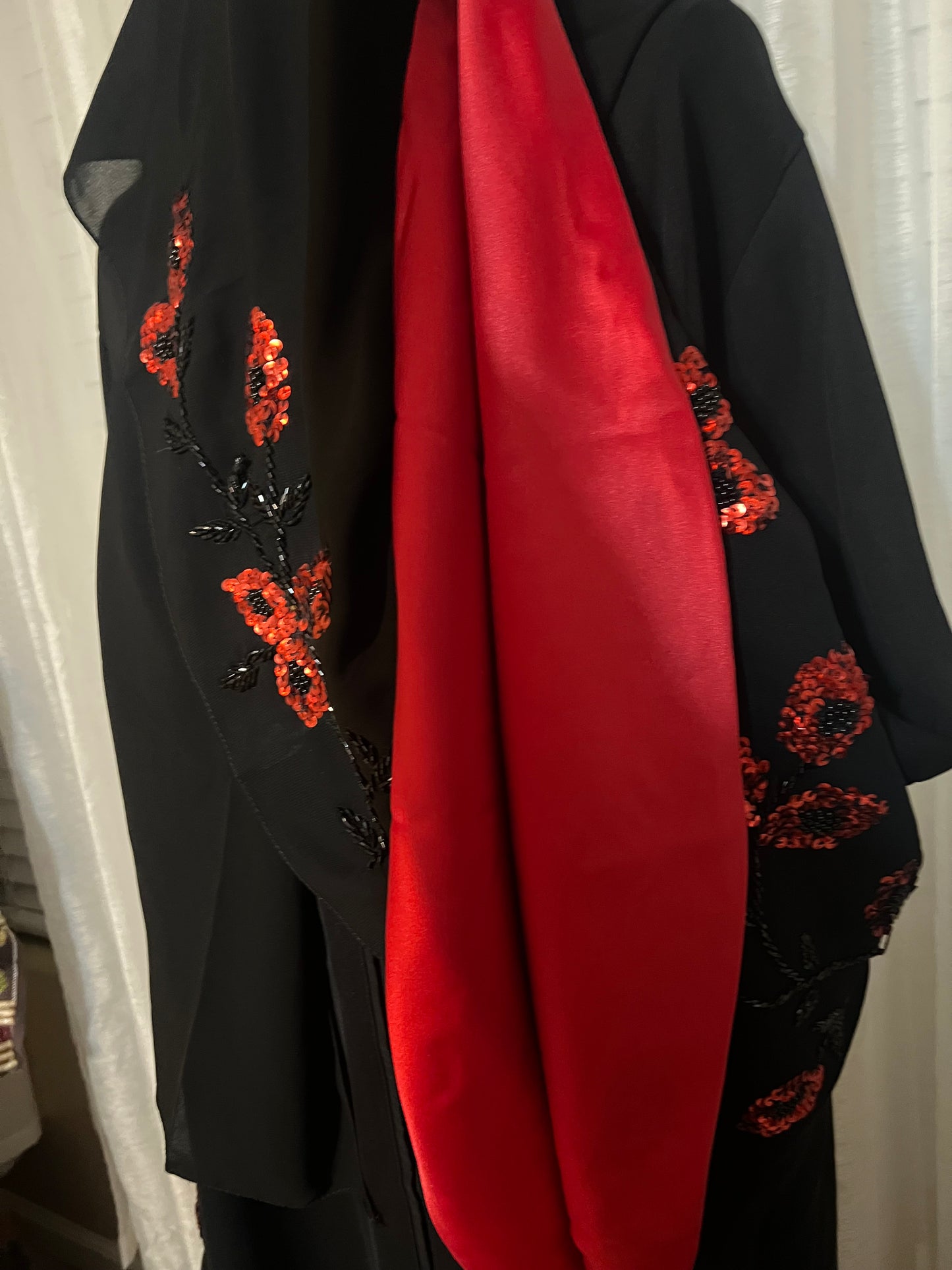 Elegant Black Abaya with Hand-Embroidered Red Floral Sequins the size is 58 inches