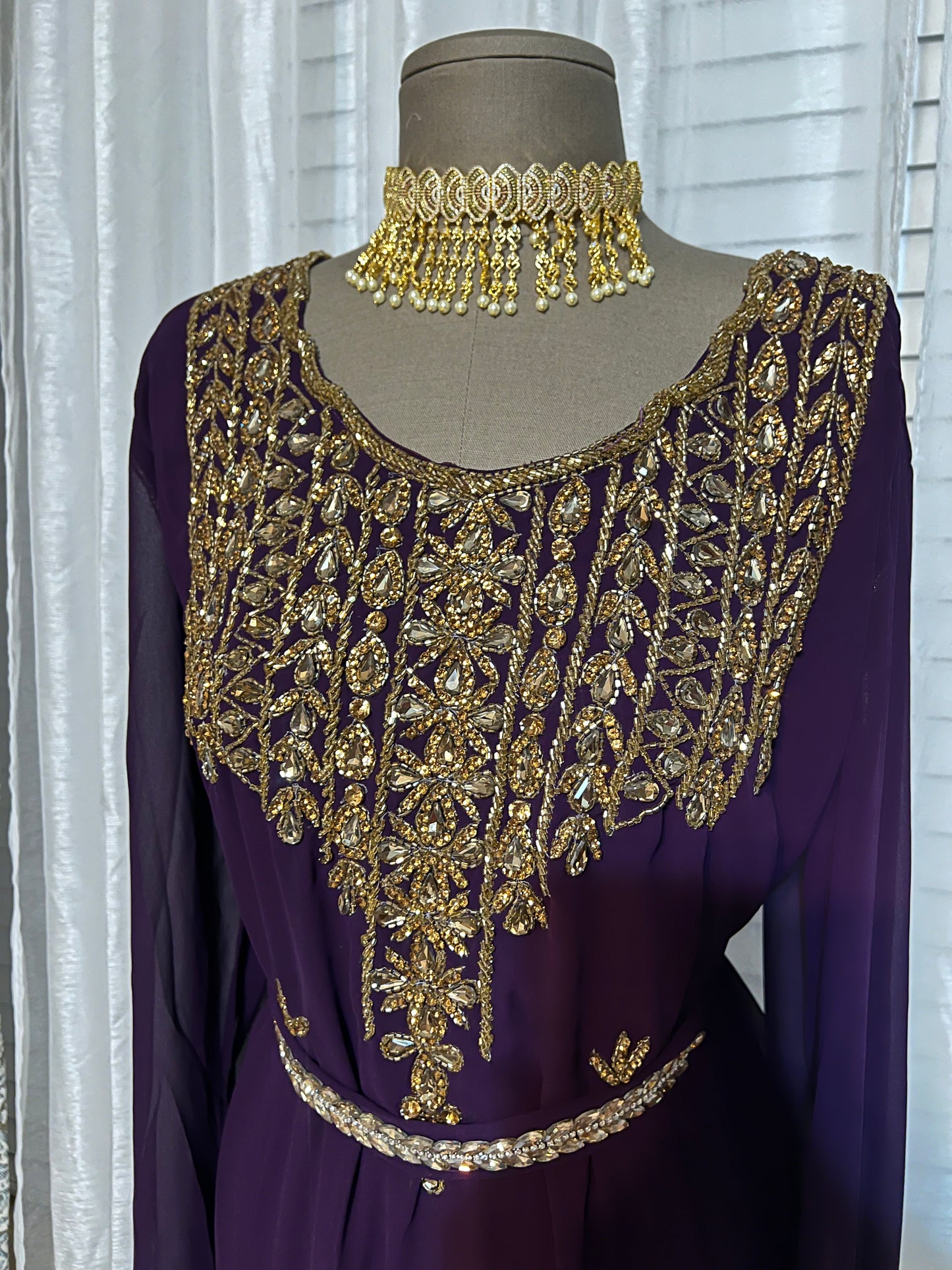Embellished Purple Jalabiya with Genuine Crystal Embroidery and Waist Belt
