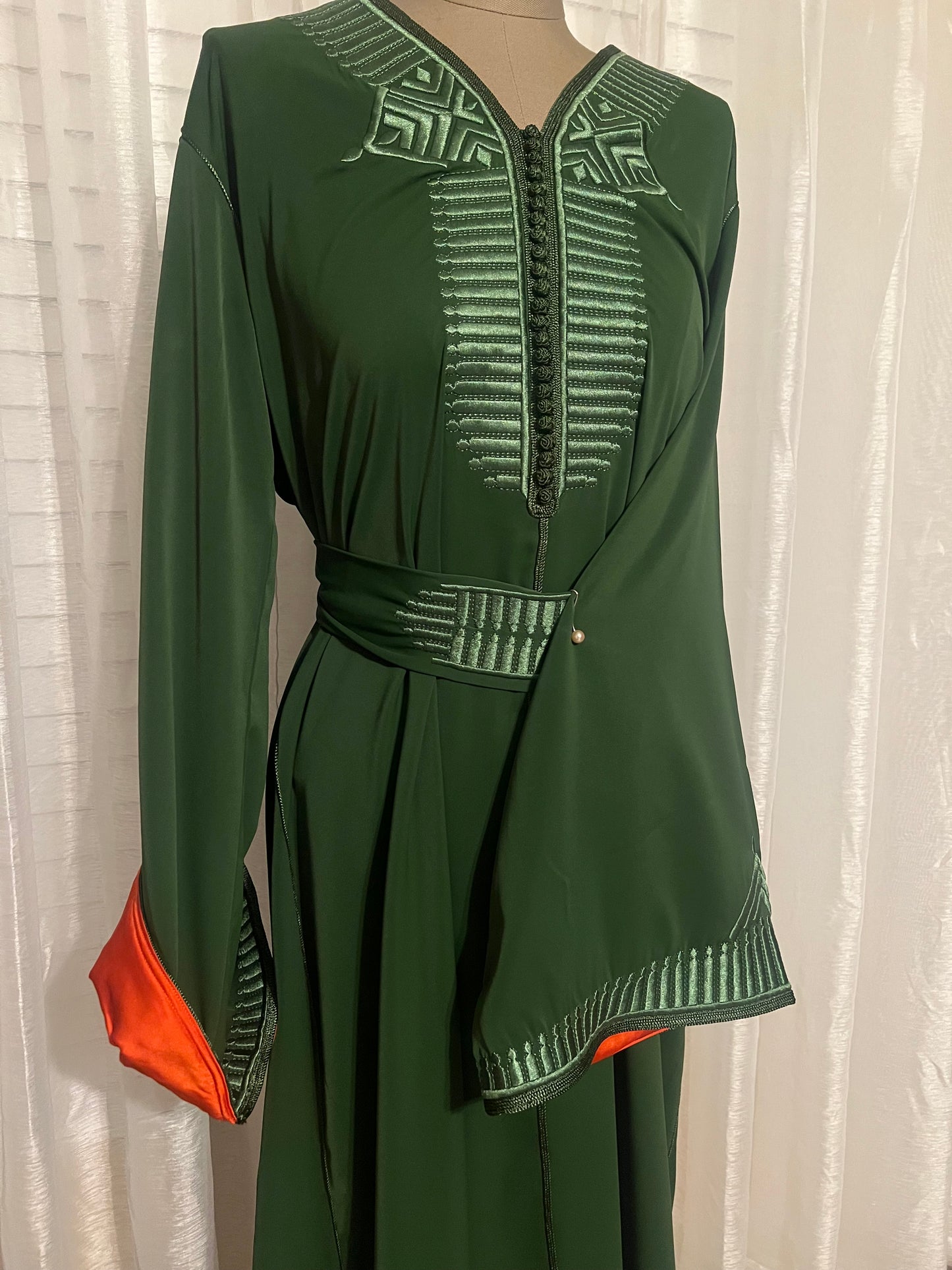 Embroidered Green Moroccan Kaftan with Waist Belt and Lined Sleeves