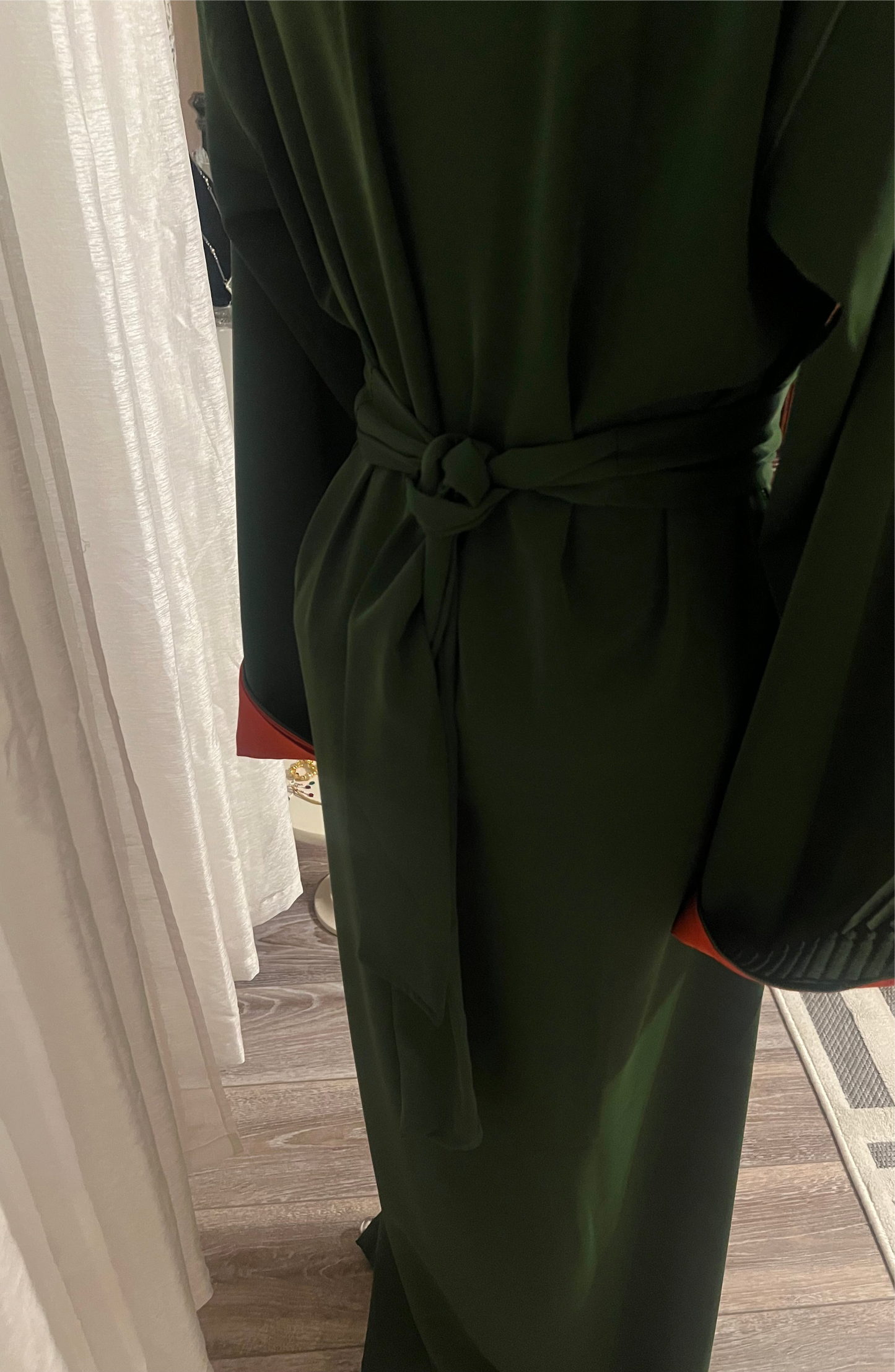 Embroidered Green Moroccan Kaftan with Waist Belt and Lined Sleeves