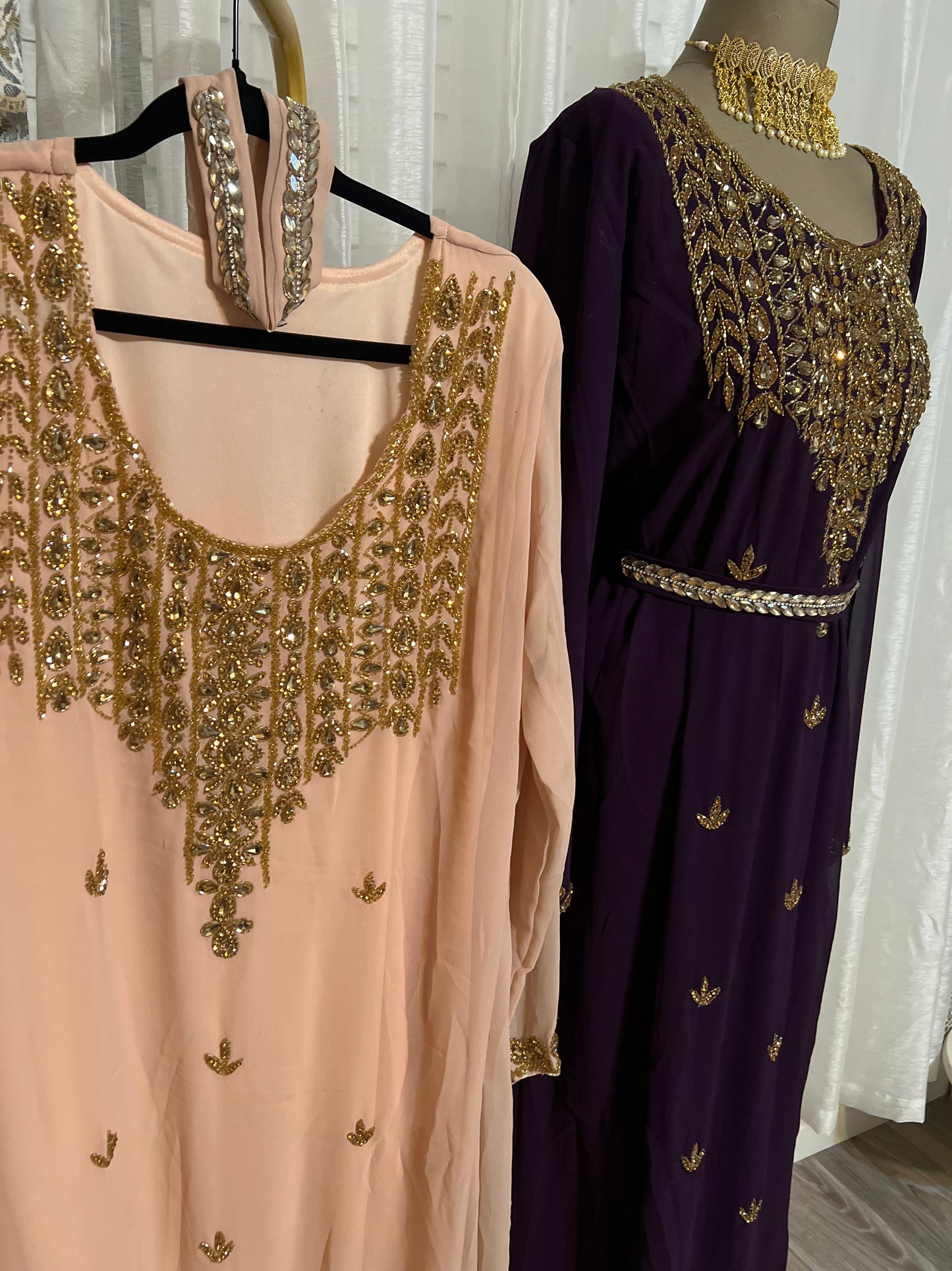 Embellished Purple Jalabiya with Genuine Crystal Embroidery and Waist Belt