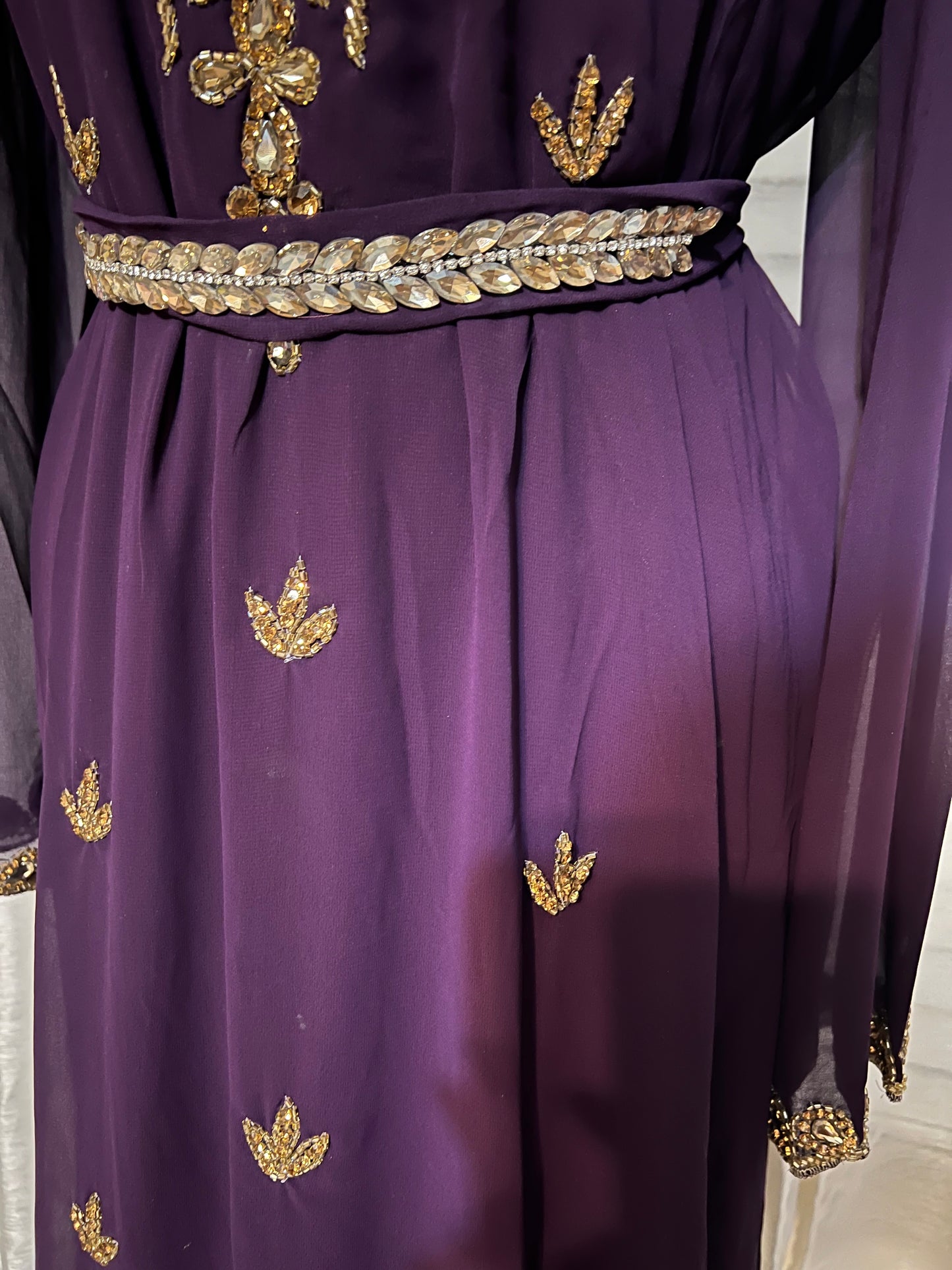 Embellished Purple Jalabiya with Genuine Crystal Embroidery and Waist Belt