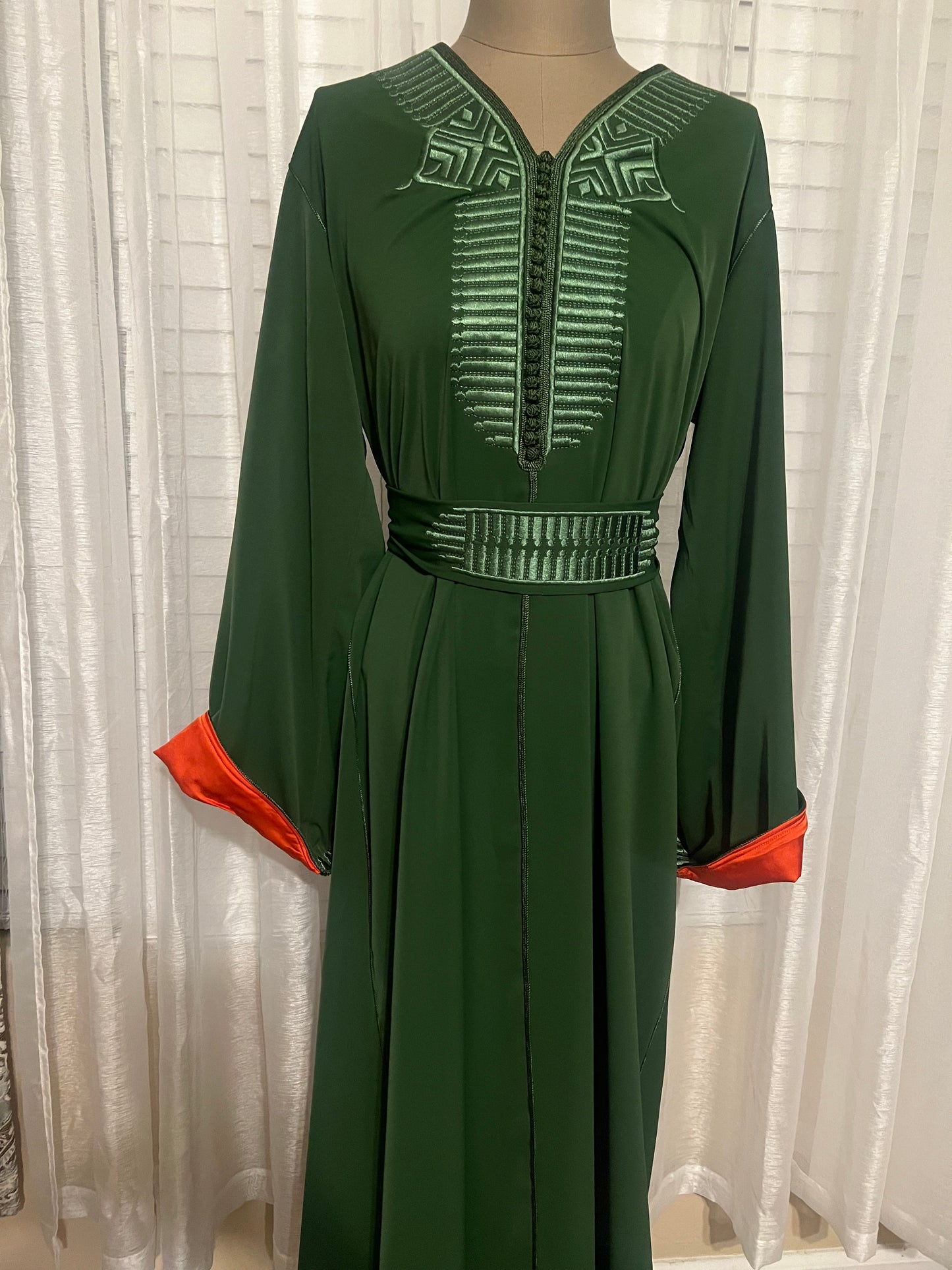 Embroidered Green Moroccan Kaftan with Waist Belt and Lined Sleeves