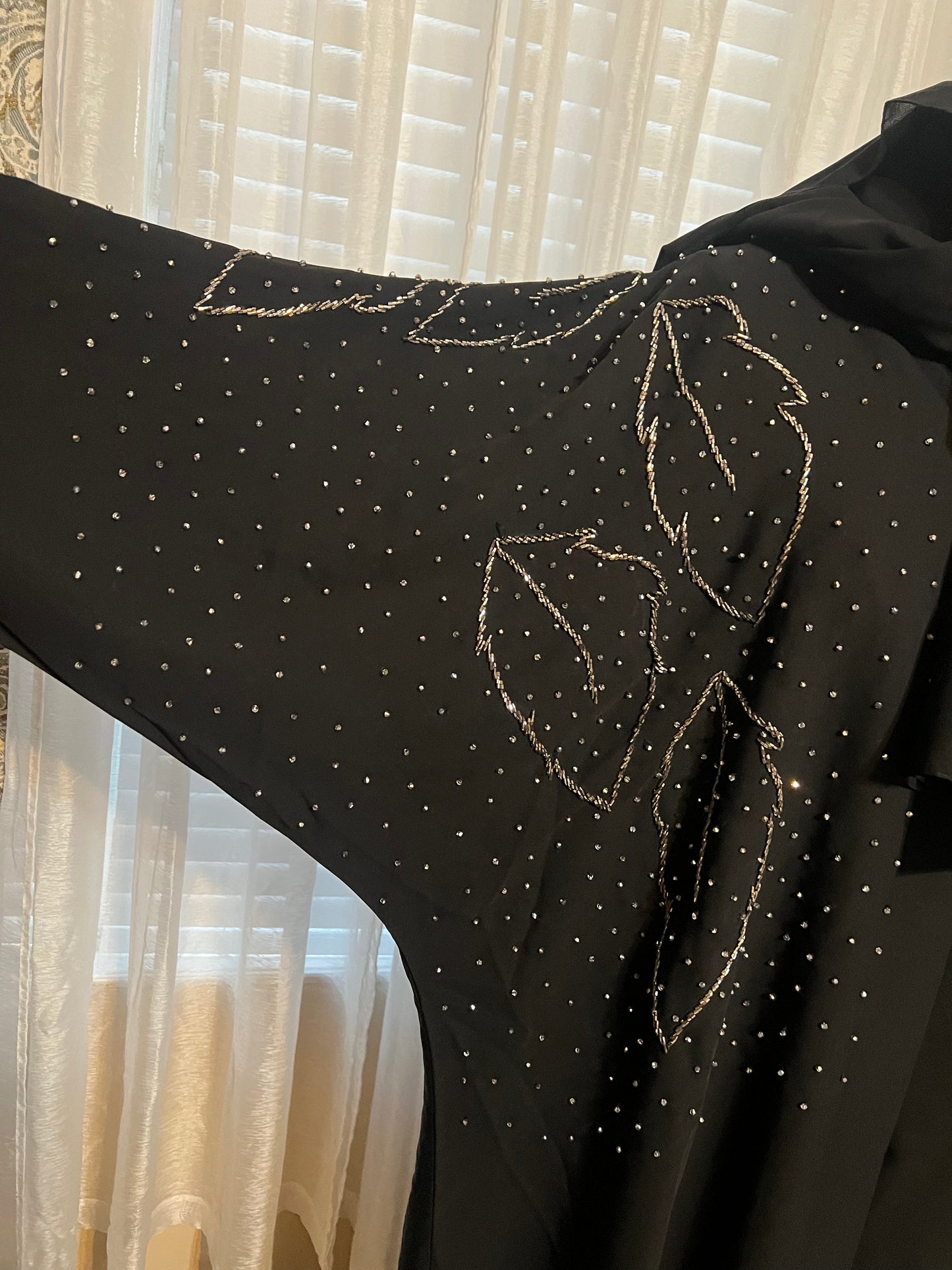 Elegant Black Abaya with Hand-Embroidered Leaf Motif and Bead Detailing. Size 57.