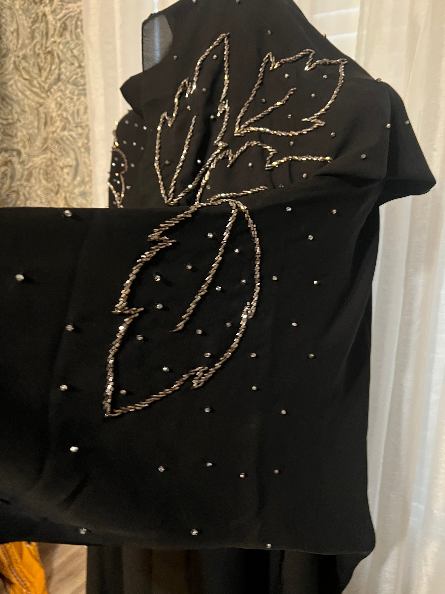 Elegant Black Abaya with Hand-Embroidered Leaf Motif and Bead Detailing. Size 57.