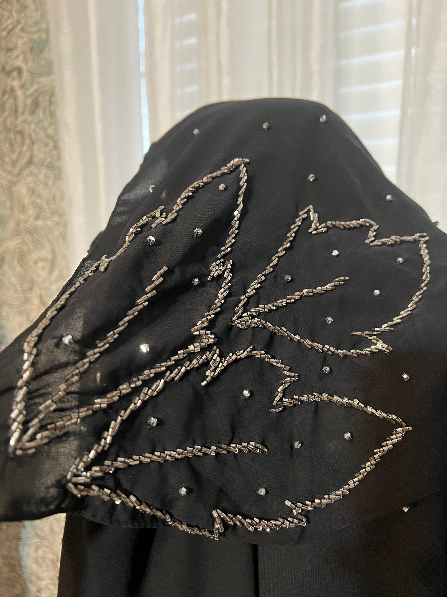 Elegant Black Abaya with Hand-Embroidered Leaf Motif and Bead Detailing. Size 57.