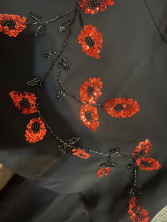 Elegant Black Abaya with Hand-Embroidered Red Floral Sequins the size is 58 inches