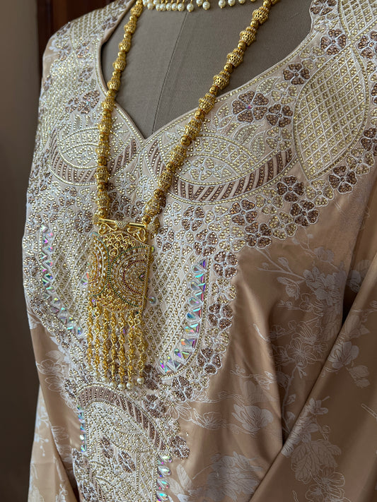 Elegant Emirati Mukhawar in Fahaah Light Blue & Beige with Premium Embroidery | Silk Fabric | Size 2XL – 58 Inches Length