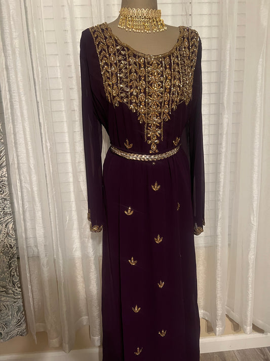 Embellished Purple Jalabiya with Genuine Crystal Embroidery and Waist Belt