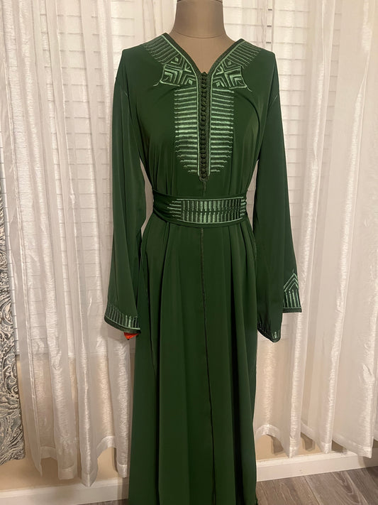 Embroidered Green Moroccan Kaftan with Waist Belt and Lined Sleeves