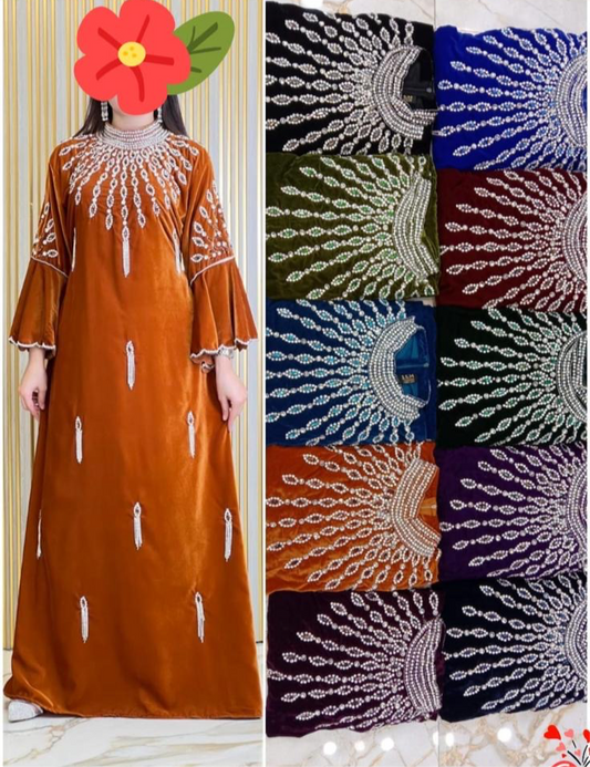 Velvet Emirati Mukhawar – Orange with Crystal Embroidery and Side Tassel