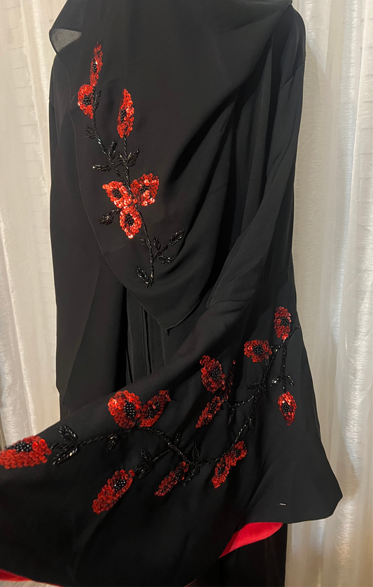 Elegant Black Abaya with Hand-Embroidered Red Floral Sequins the size is 58 inches