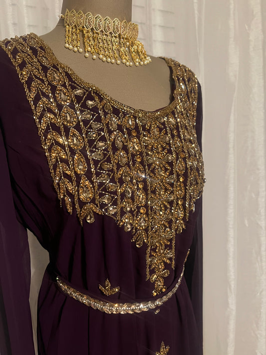 Embellished Purple Jalabiya with Genuine Crystal Embroidery and Waist Belt