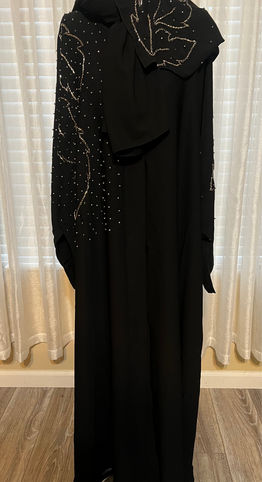 Elegant Black Abaya with Hand-Embroidered Leaf Motif and Bead  Detailing. Size 57.
