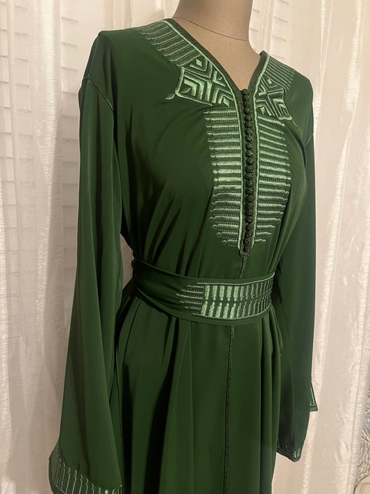 Embroidered Green Moroccan Kaftan with Waist Belt and Lined Sleeves