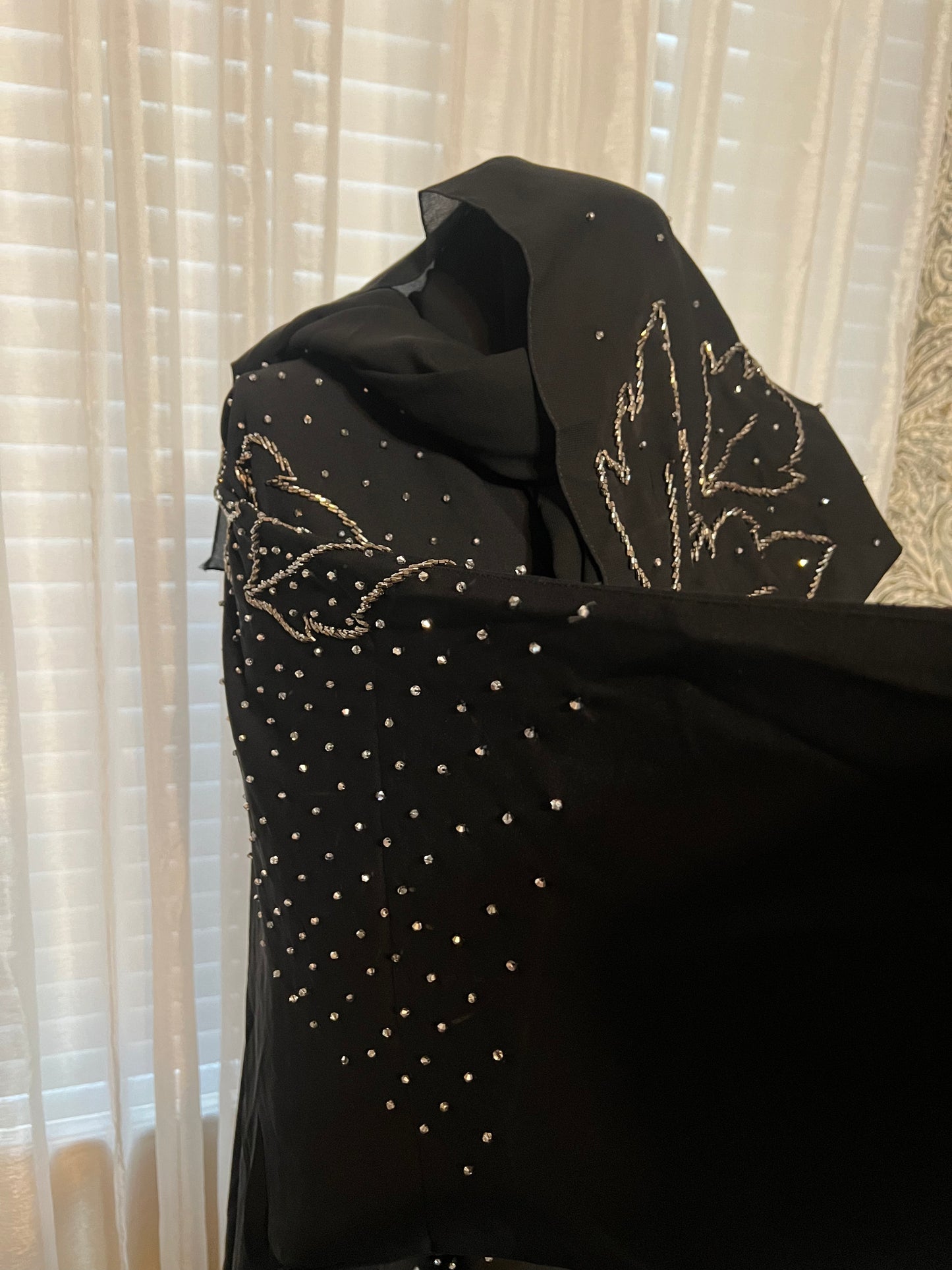 Elegant Black Abaya with Hand-Embroidered Leaf Motif and Bead  Detailing. Size 57.