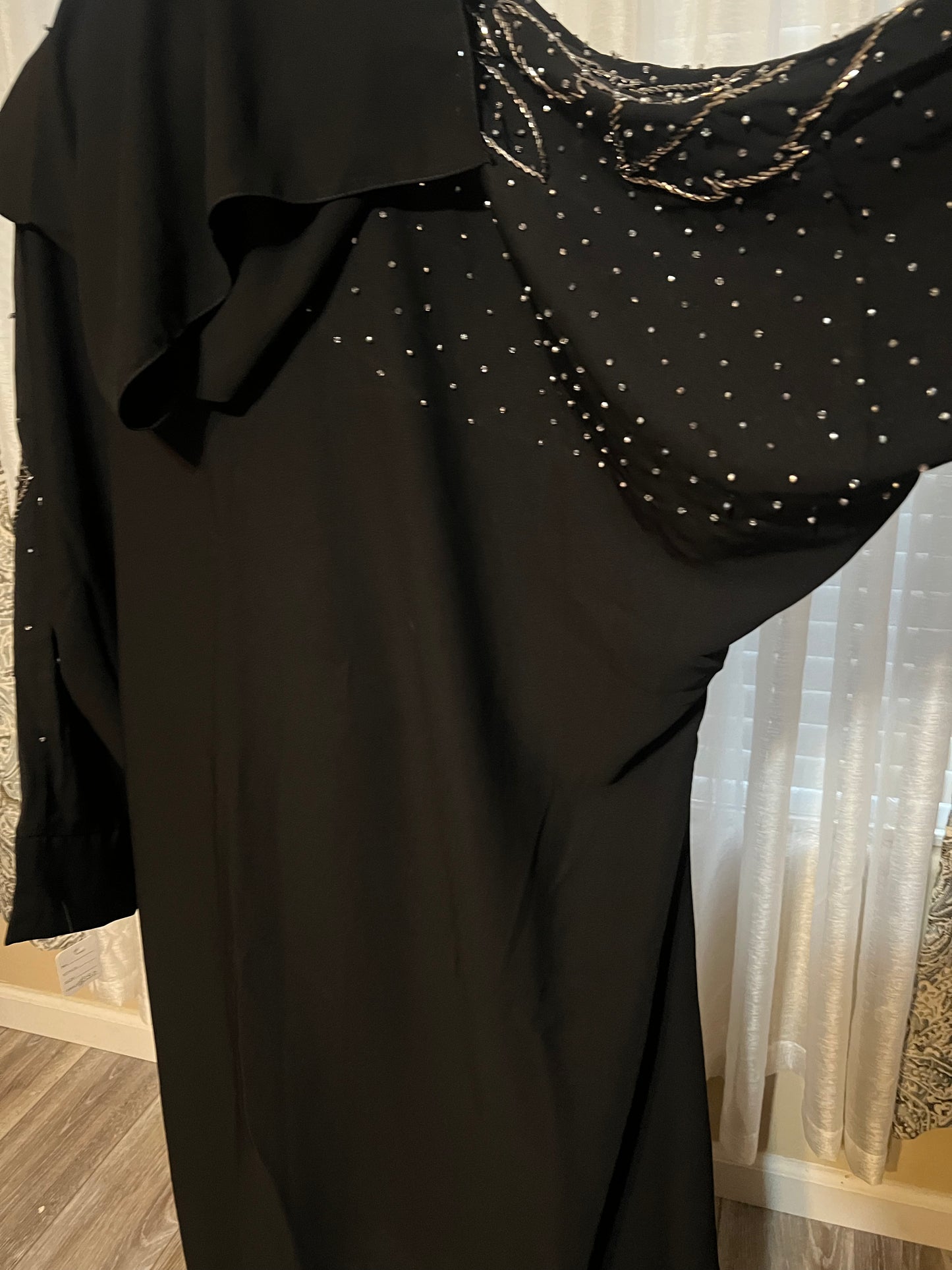 Elegant Black Abaya with Hand-Embroidered Leaf Motif and Bead  Detailing. Size 57.